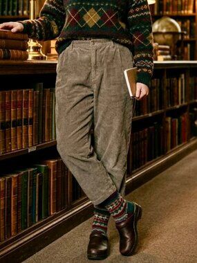 Vintage Haband Medium Wale Corduroy Pleated Wide Leg Pants Tan Womens Sz Lg P